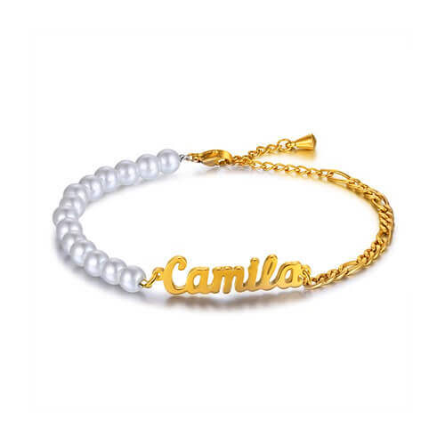custom half pearl half cuban chain gold name bracelet for women wholesale factory personalized word bracelets bulk manufacturers websites